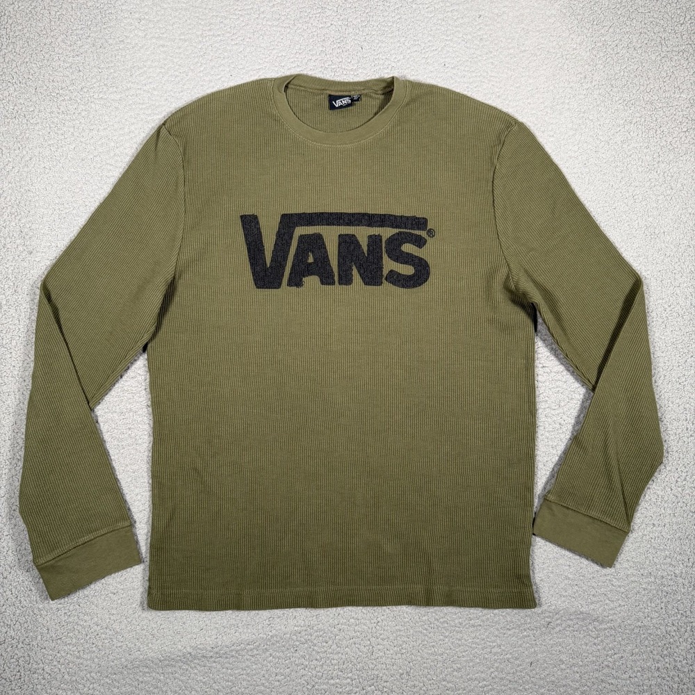 Vans Shirt Mens XXL Green Thermal Cotton Blend Casual Preppy Spellout Logo